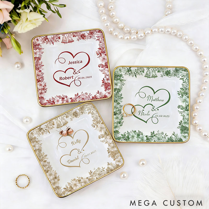Personalized Heart Flower Ceramic Trinket Jewelry Dish with Name and Date Toile De Jouy Ring Dish Valentine's Gift for Wife Anniversary Gift for Girlfriend