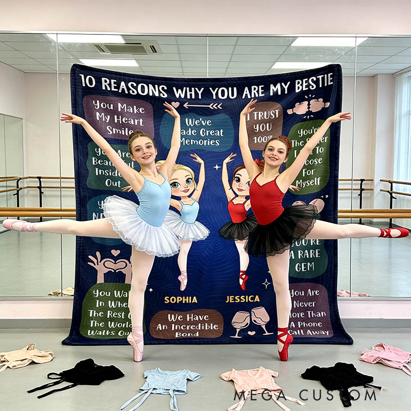 Personalized Cartoon Sister Blanket '10 Reasons Why You're My Bestie' Custom Photo and Name Gift for Family Friends Dancer