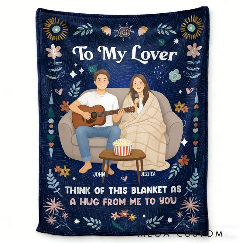Personalized Cartoon Lover Blanket 'A Hug From Me To You' Custom Photo and Name Gift for Couple Familys Friends Music Lovers for Valentine's Day Anniversary