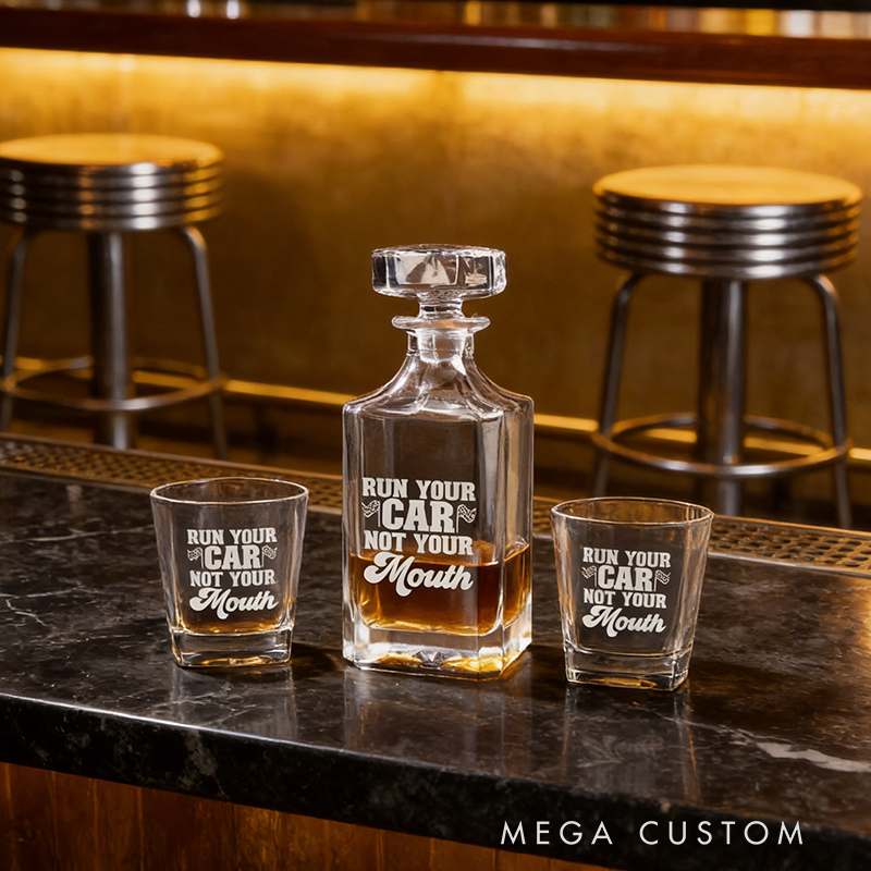 Personalized Racing Gifts Custom Whiskey Decanter and Glass Set with Engraved Text for Car and Racing Lovers