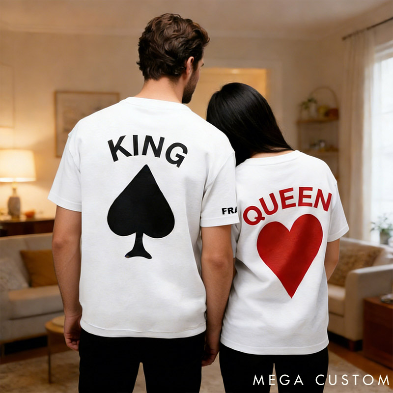 Personalized Couple King and Queen Matching T-Shirts with Name Custom Couple Playing Card Shirts Tee Valentine's Day Gift for Him Her Anniversary Gift