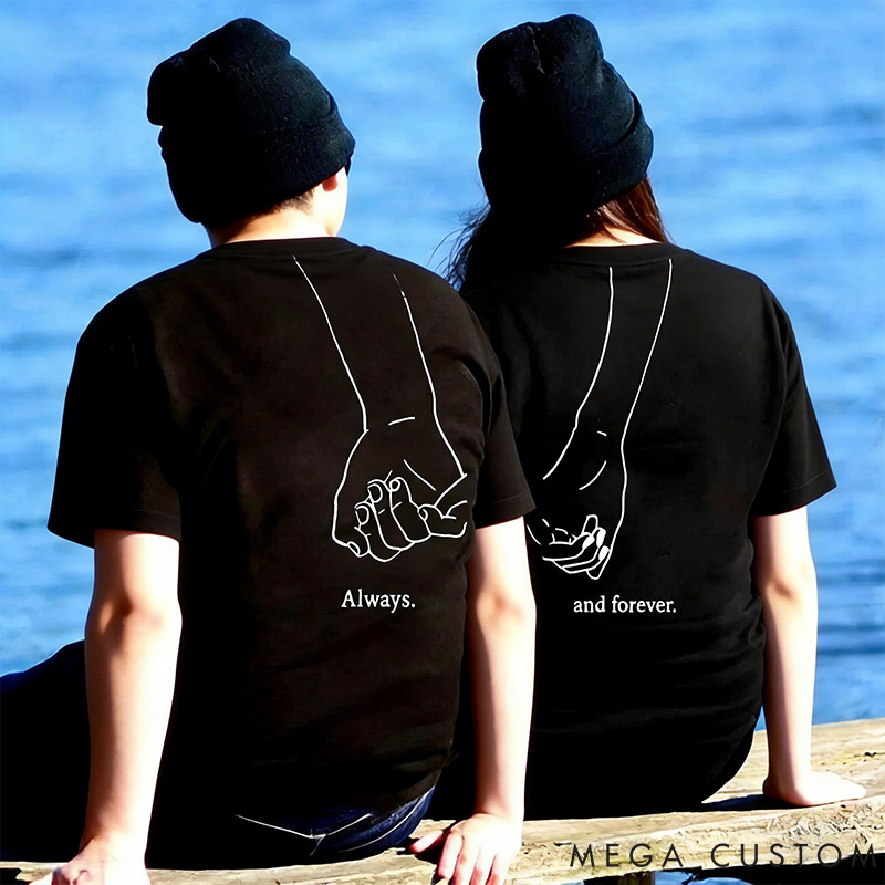 Personalized Couple Always and Forever Matching T-Shirts with Name Custom Couple Line Holding Hands Shirts Tee Anniversary Gift Valentine's Day Gift