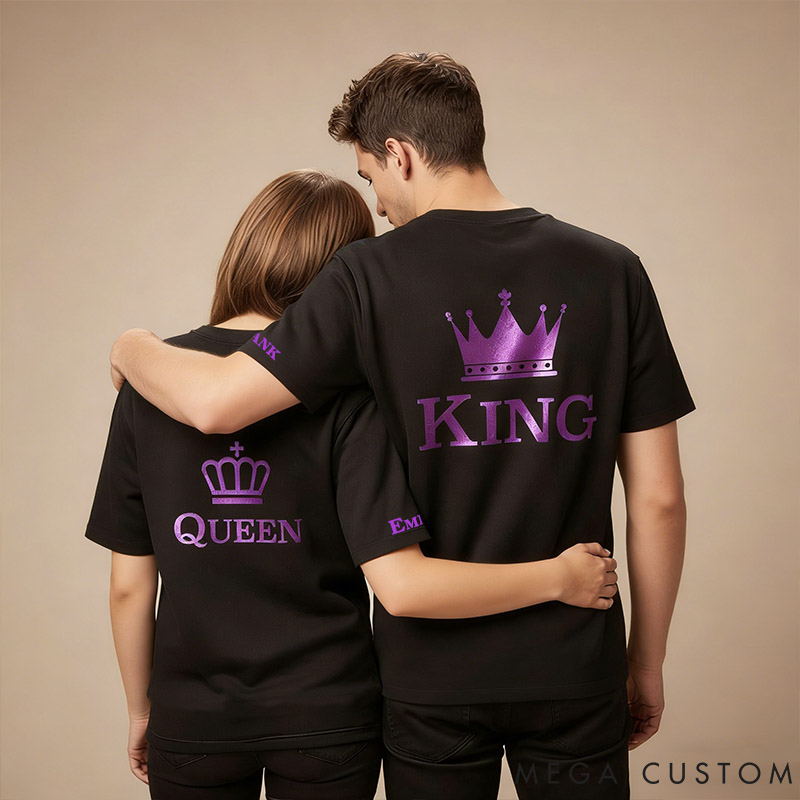 Personalized Couple Purple King and Queen with Crown Matching T-Shirts Custom Couple Shirts Tee with Name Anniversary Gift Valentine's Day Gift