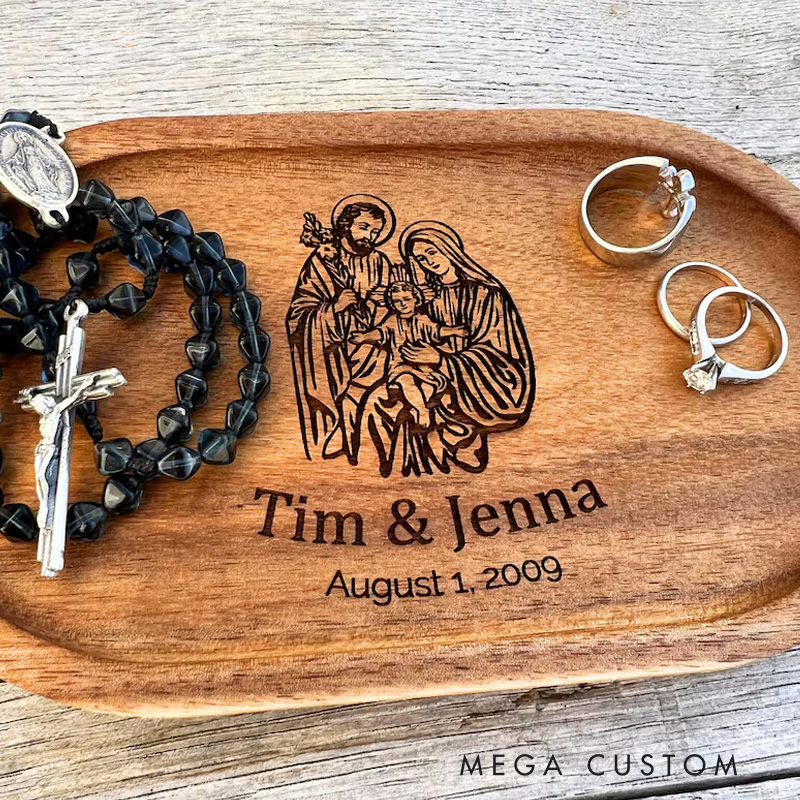 Personalized Holy Family Wooden Rosary Tray Jewelry Holder with Custom Name and Date Religious Gift Anniversary Wedding Gift Catholic Gift