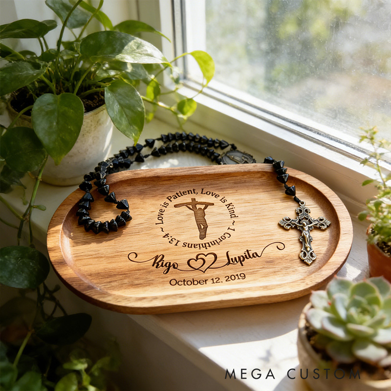 Personalized Love is Patient Wooden Rosary Tray Jewelry Holder with Custom Name and Date Religious Gift Anniversary Wedding Gift Catholic Gift