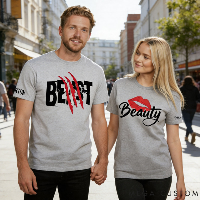 Personalized Couple Beast with Claw and Beauty with Kiss Matching T-Shirts Custom Couple Shirts Tee with Name Anniversary Gift Valentine's Day Gift
