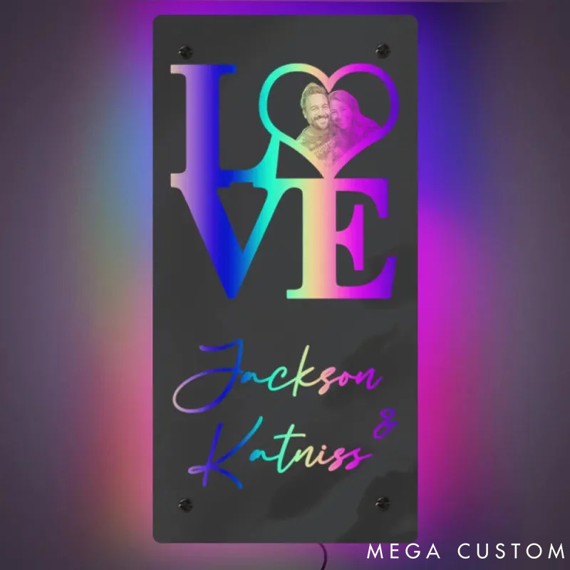 Personalized Couple Photo LOVE with Name Seductive Mirror LED Light Custom Couple Portrait Mirror Light Anniversary Valentines Day Gift for Him Her