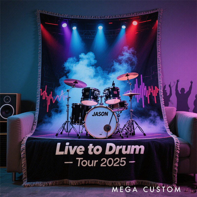 Personalized Live to Drum Soft Throw Blanket with Text and Name Perfect for Drum Kit Lovers Music Enthusiasts Birthday Anniversary Performance Gifts