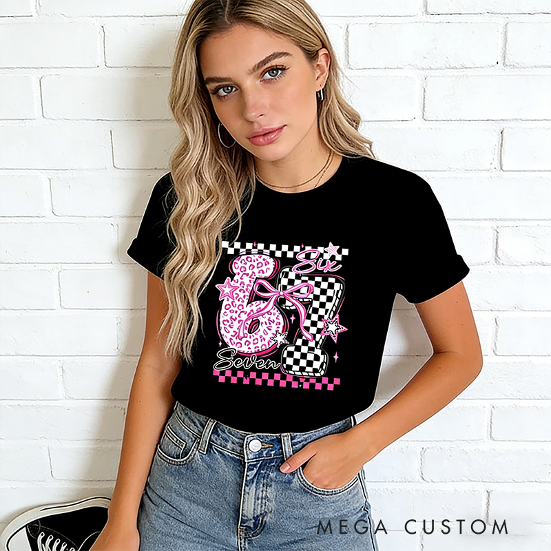 Personalized Racing Gifts Custom Number T-Shirt with Pink Cheetah Checkerboard Design Retro Classic Tee for Girls