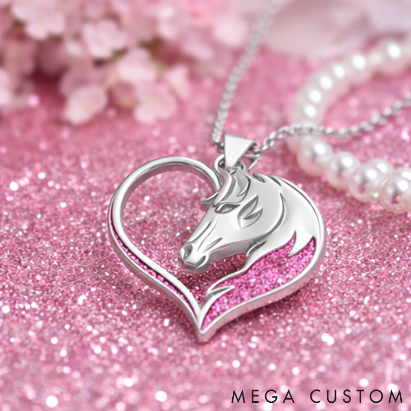 Personalized Horse Head Heart Pendant Necklace Custom Name Unique Holiday Gift for Couples