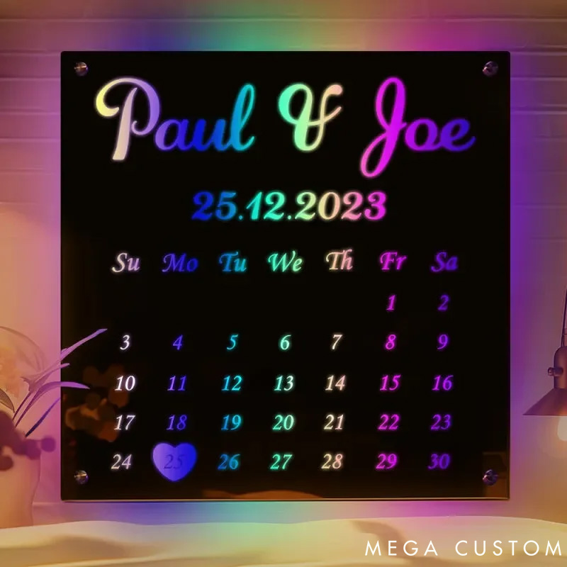 Personalized Couple Date Calendar Mirror LED Light with Name Custom Couple Newlyweds Mirror Light Anniversary Gift Valentines Day Gift for Him Her