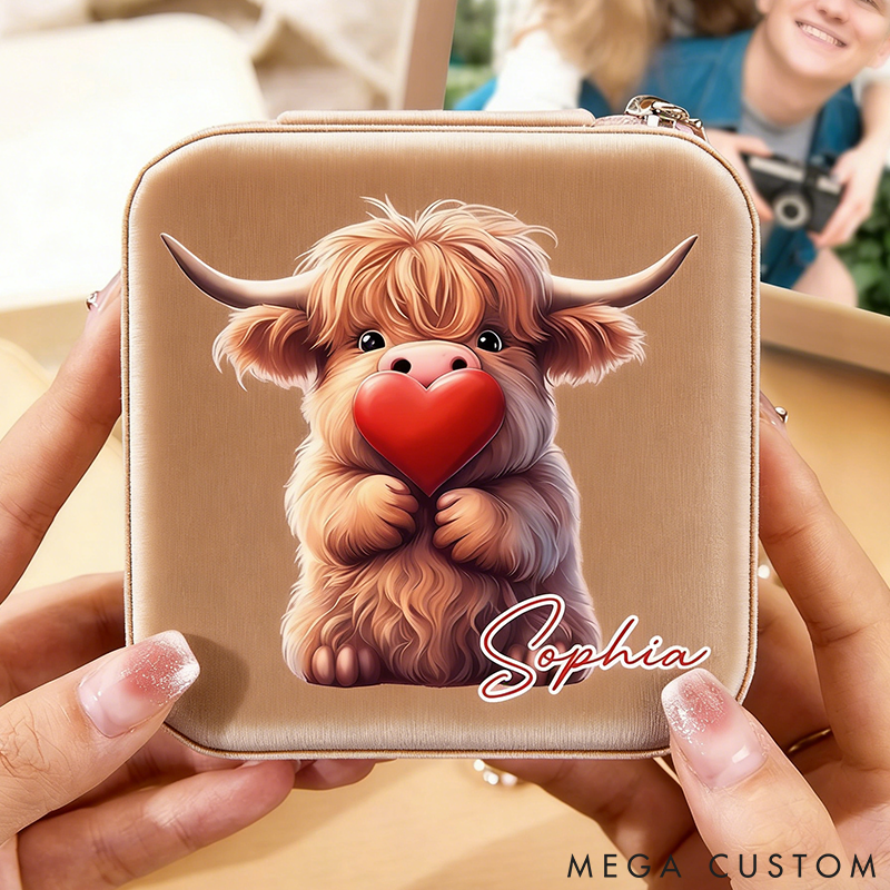 Personalized Pet Lover Cute Love Heart Highland Cow with Name Birthday Anniversary Valentine's Day Jewelry Box