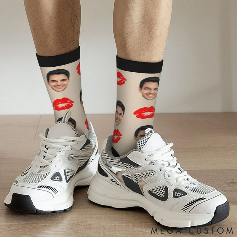 Personalized Couple Photo Portrait Red Lip Print Socks Custom Girlfriend Boyfriend Portrait Socks Valentines Day Gift for Him Her Anniversary Gift