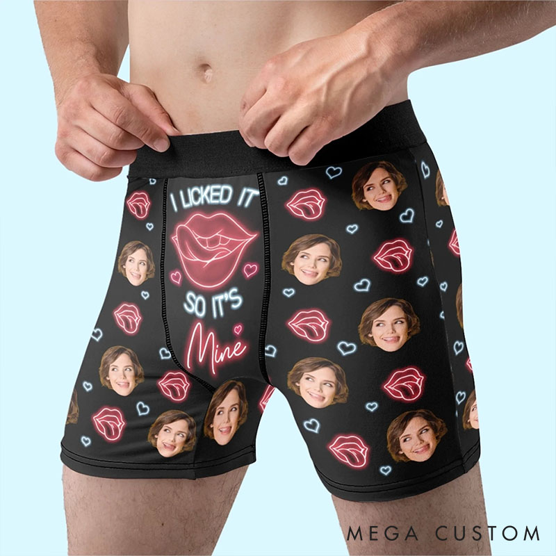 Personalized Girlfriend Wife Face Neon-style I Licked It So It’s Mine Boxer Briefs Men Underwear with Woman Face Photo Valentines Day Gift for Him