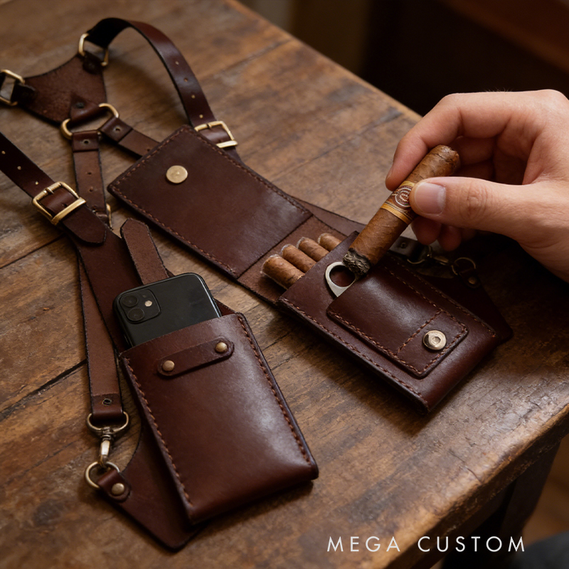 Leather Cigar & Phone Chest Rig – Adjustable Shoulder Harness with Cigar Holder, Cutter Pocket & Phone Pouch