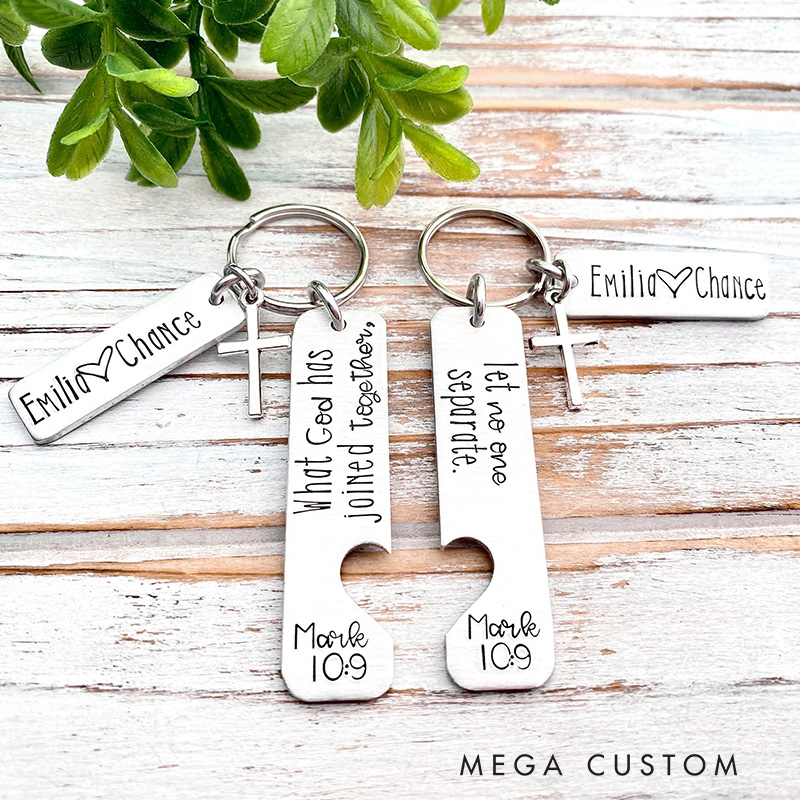Personalized What God has Joined Together Let no One Separate Mark 10:9 Couple Keychain Set with Name Religious Gift Valentines Gift for Couple