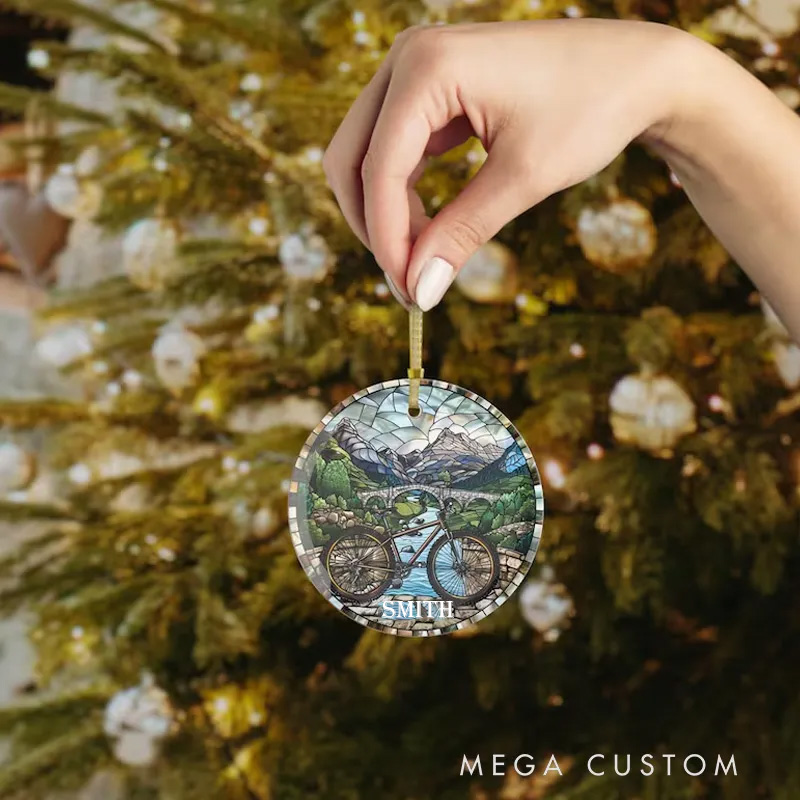 Personalized Stained Glass Mountain Bike Ornament Stained Glass Look Design Bike Lover Gift Real Glass Ornament