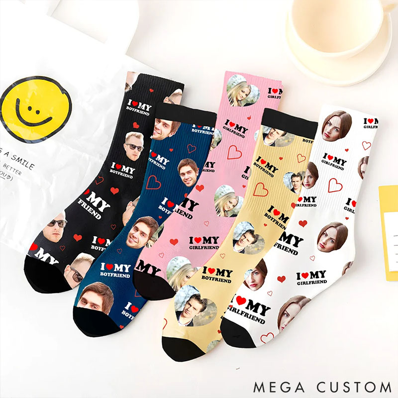 Personalized Couple Multicolor Face Photo Socks Custom I Love My Girlfriend Boyfriend Portrait Socks Valentines Day Gift for Him Her Anniversary Gift