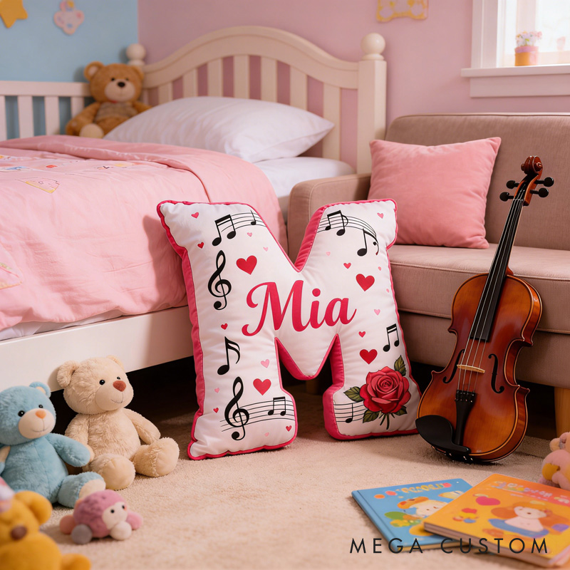 Personalized Rose Heart Sheet Music Letter Pillow with Name Soft Stuffed Toy for Kids Lover Music Lovers for Valentine's Day Anniversary Confession