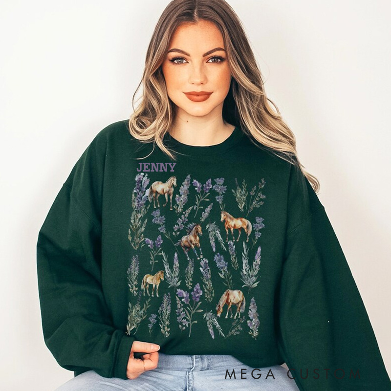 Personalized Floral Horse Sweatshirt Lavender Horse Girl Sweater Lilac Flower Crewneck Floral Equestrian Shirt Horseback Riding for Riding Lovers
