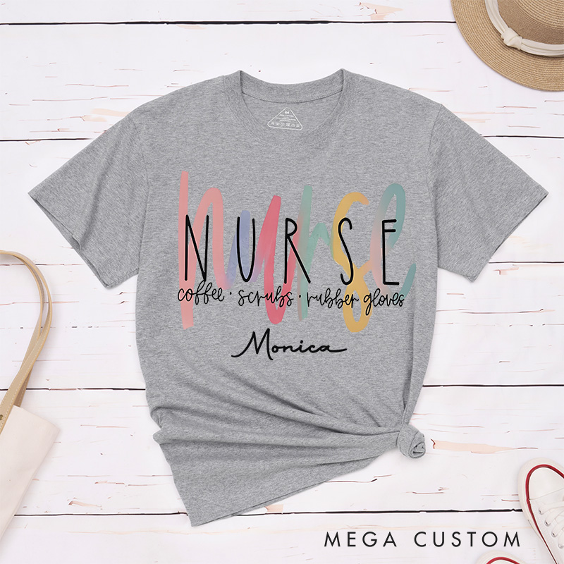 Personalized Nurse T-Shirts Nurse Essentials Coffee Scrubs Rubber Gloves Fashion Design T-Shirts