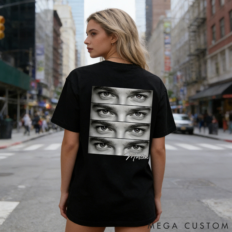 Personalized Couple Human Eyes Photo Classic T-Shirts Custom Girlfriend Boyfriend Eye Love You Shirts with Name Anniversary Gift Valentine's Day Gift