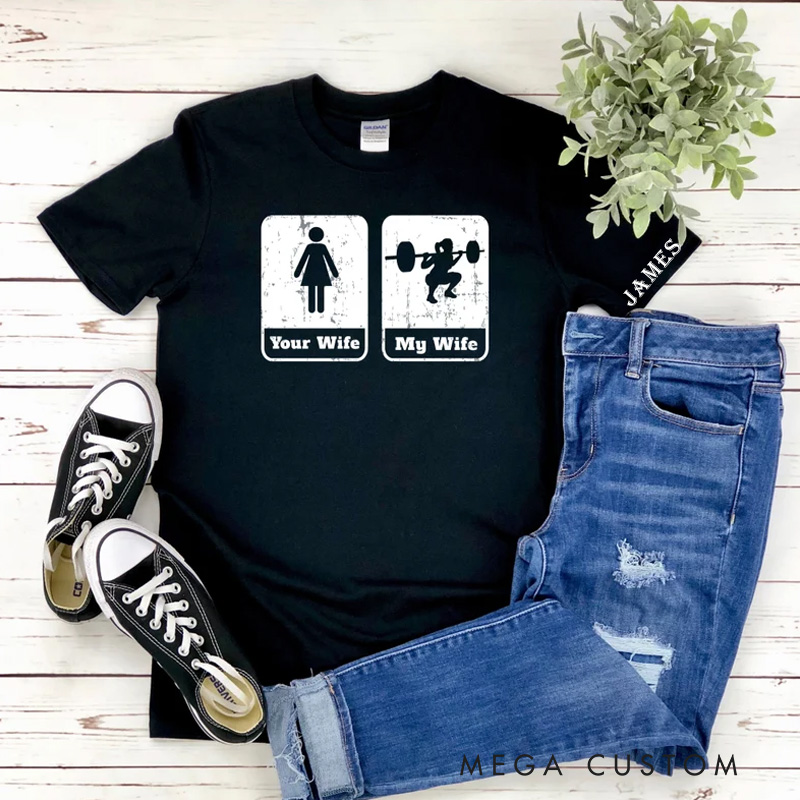 Personalized Couple Weightlifting Classic T-Shirt Exercise Husband And Wife Weight Lifters Shirt for Fitness Enthusiasts Bodybuilders and Gym Lovers