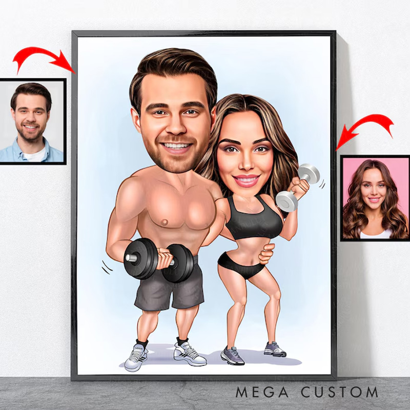 Personalized Gym Lover Couple Portrait Fitness Gifts Cartoon Weightlifter Portrait Bodybuilding Poster Fitness Gym Weightlifting Gym Gift ideas for Gym Lovers