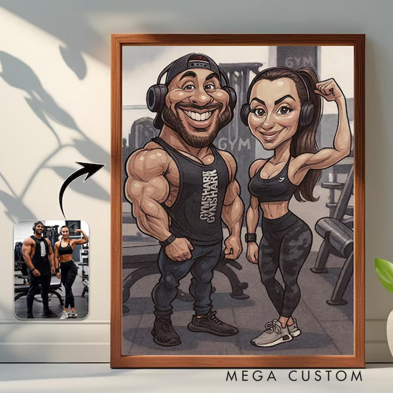 Personalized Gym Lover Couple Portrait Fitness Gifts Cartoon Weightlifter Portrait Bodybuilding Poster Fitness Gym Weightlifting Gym Gift ideas for Gym Lovers