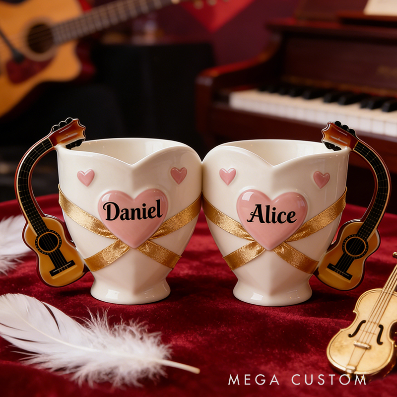 Personalized Couple Guitar Handle Heart Mugs – Custom Name Valentine’s Day Ceramic Mug Set