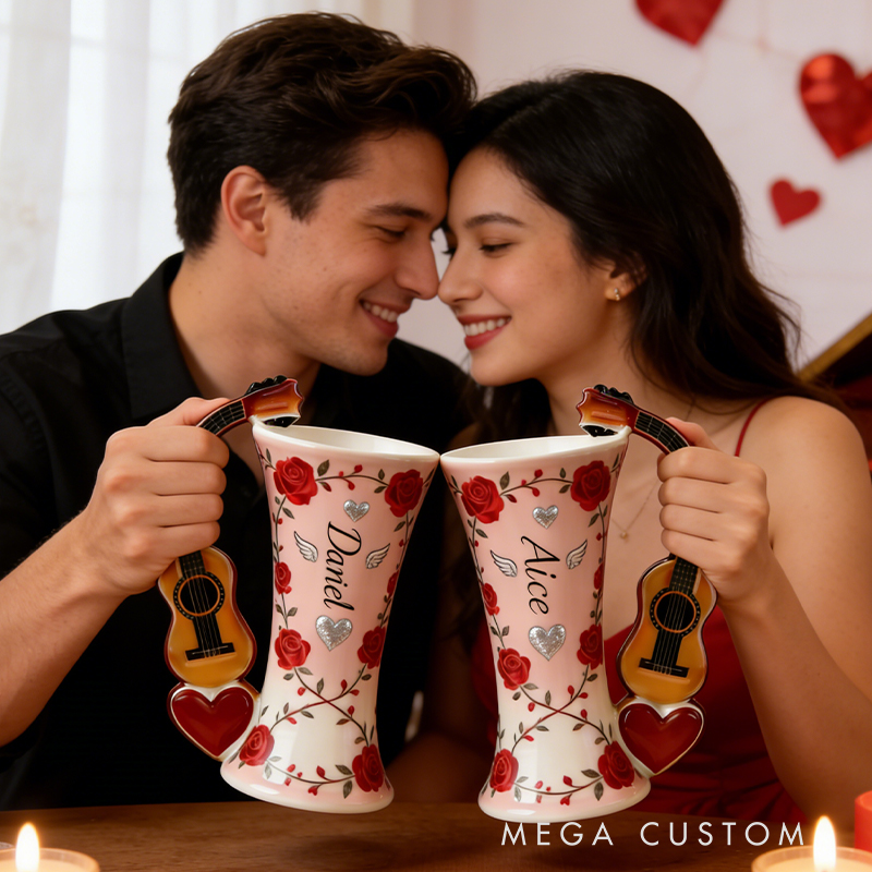 Personalized Rose & Guitar Handle Couple Vases – Custom Name Valentine’s Day Ceramic Vase Set