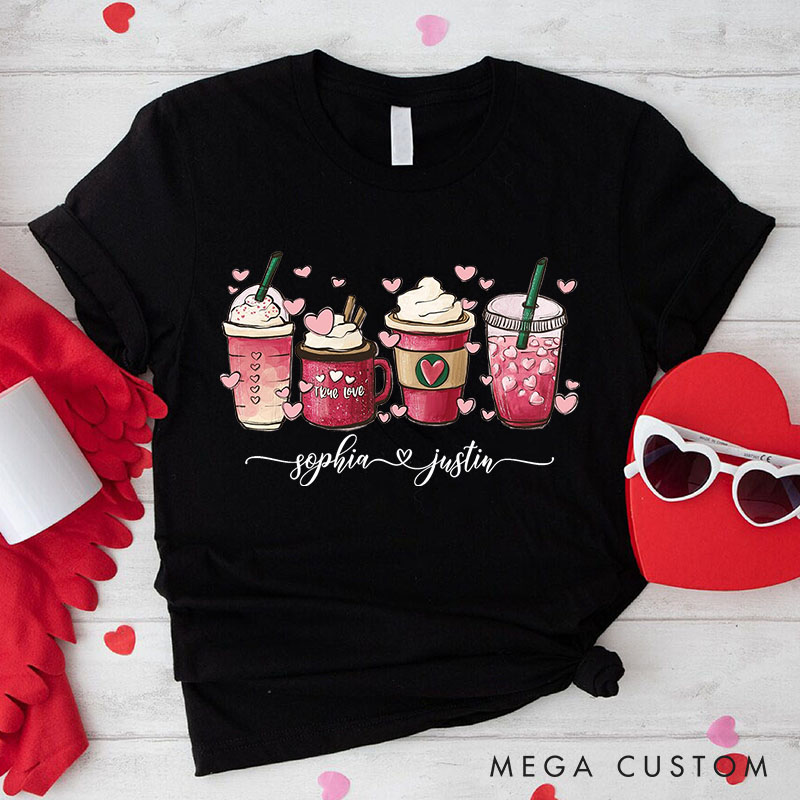 Personalized Couple Coffee Cup and Heart Matching T-Shirt with Name Valentine's Day T-Shirt for Husband Wife Boyfriend Girlfriend Gift for Hubby Wifey