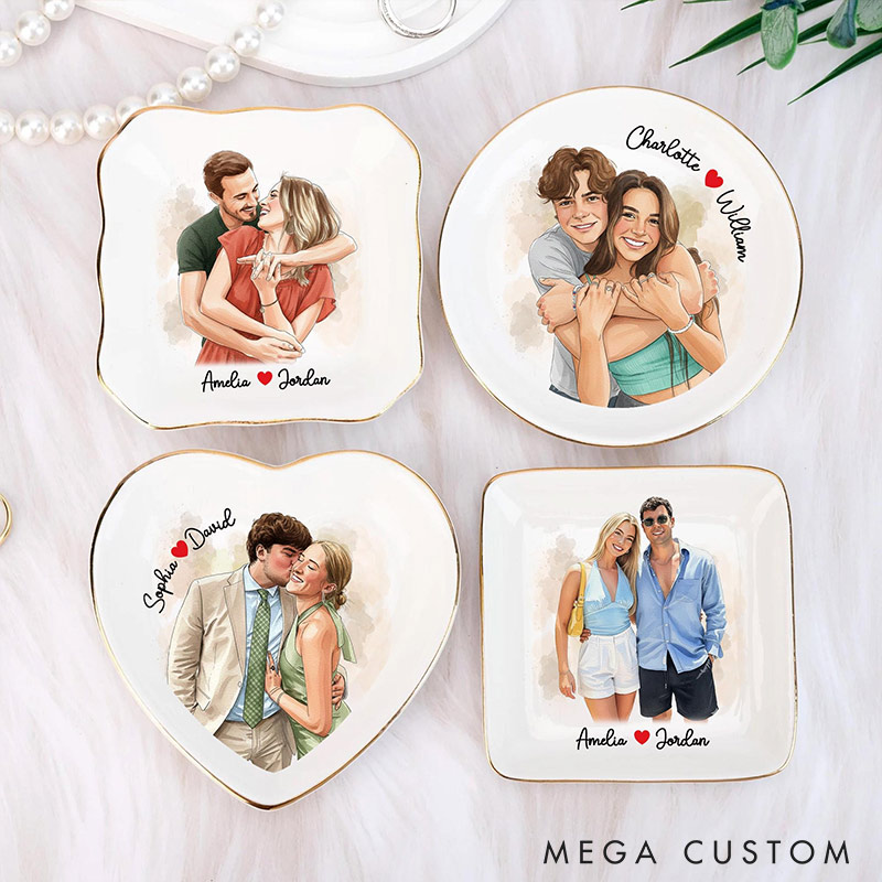 Personalized Heart Flower Ceramic Trinket Jewelry Dish with Initial and Date Toile De Jouy Ring Dish Valentine's Gift for Wife Anniversary Gift for Girlfriend