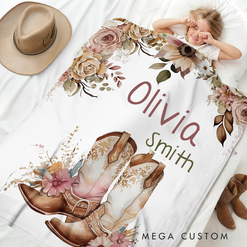 Personalized Floral Cowgirl Boots Western Soft Throw Blanket with Name Home Decor Western Nursery Birthday Gift for Cowgirls Friends Riding Lovers Equestrian Lovers