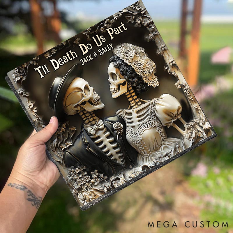 Personalized Skeleton Couple Til Death Do Us Part Rectangle Shaped Stone with Stand Skeleton Newlyweds Graphic 3D Print Stone Valentines Day Gift