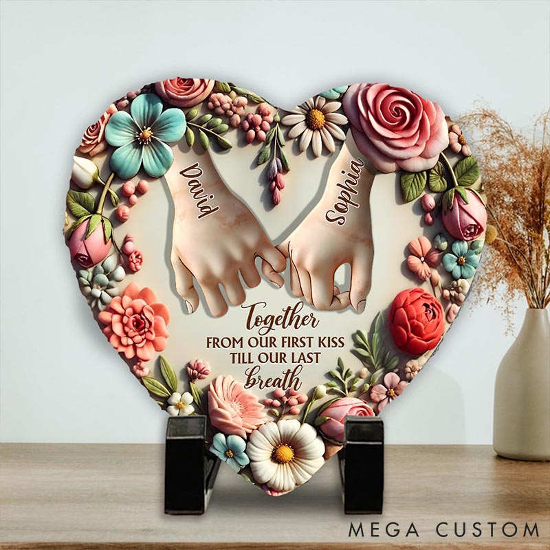Personalized Couple From Our First Kiss Till Our Last Breath Heart Shaped Stone with Stand Floral Pinky Promise 3D Effect Stone Valentines Day Gift