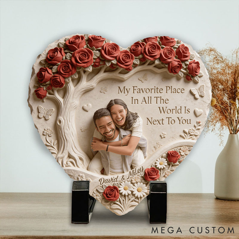 Personalized Couple Photo My Favorite Place Is Next To You Heart Shaped Stone with Stand Custom Floral Tree 3D Effect Stone Valentines Day Gift