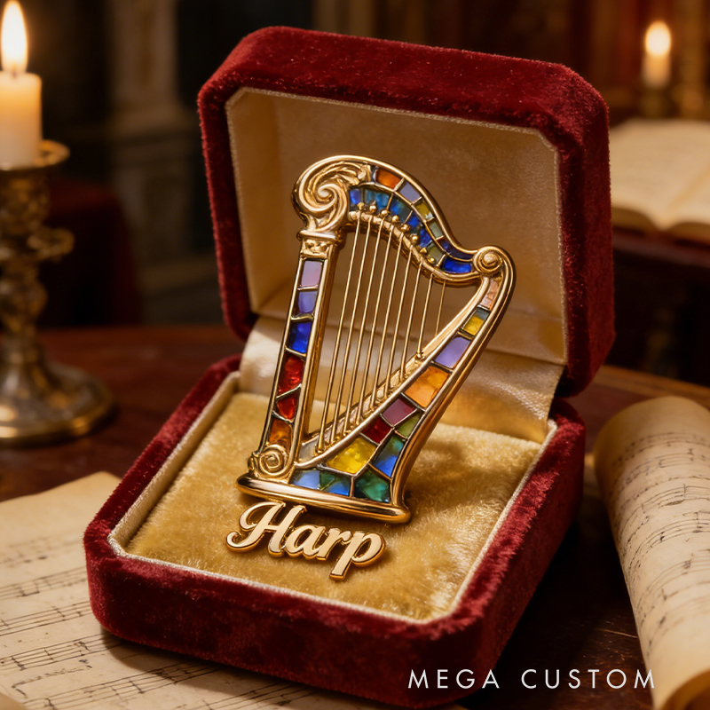 Personalized Harp-Inspired Custom Enamel Brooch Crafted From the Instrument of Your Choice