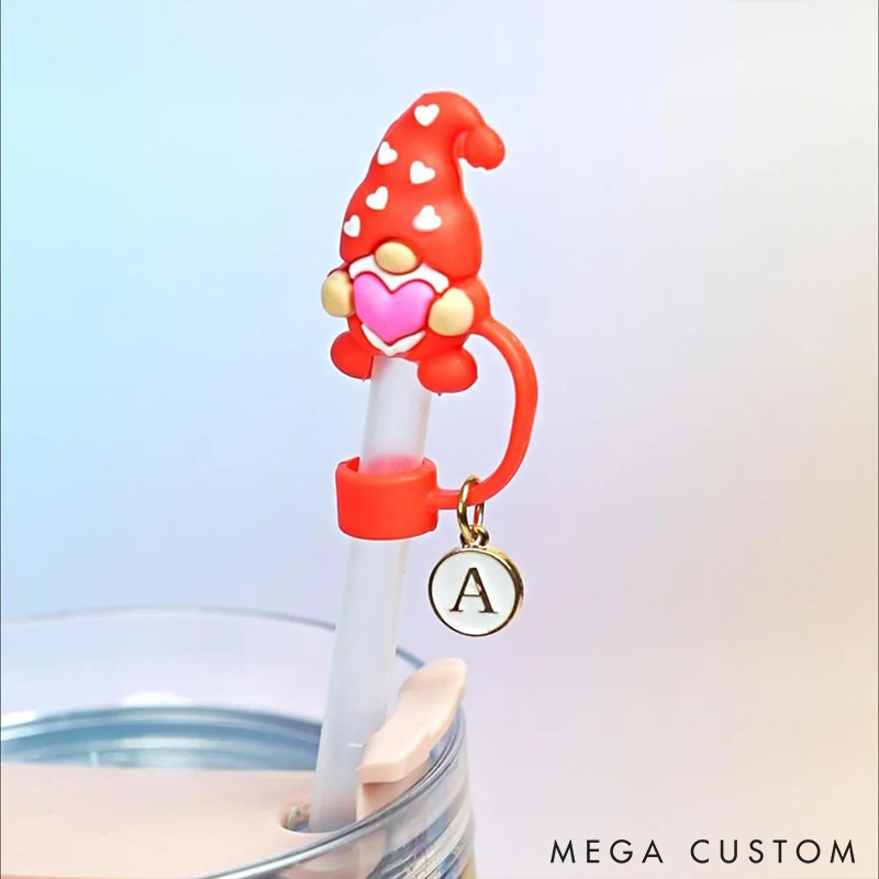 Personalized Gnome Heart Reusable Straw Topper with Initial Charm Accessory for Tumbler Valentine's Day Gift for Couple Unique Gift for Him Her