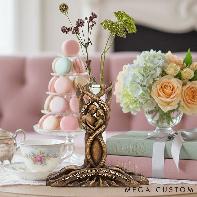 Personalized Couple The Roots of Family Tree Begins with The Love of Two Hearts Acrylic Flower Vase Imitation Wood 3D Effect Vase Valentines Day Gift