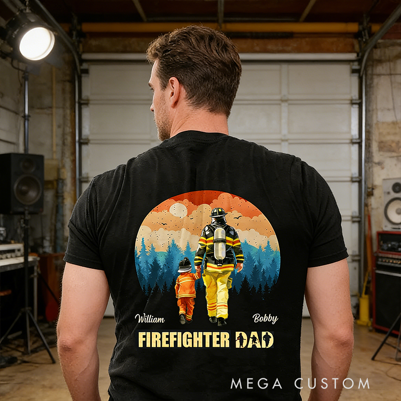 Personalized Family Gifts Custom Name Firefighter Dad Shirt Father and Son Matching Tee Classic Fireman Theme T Shirt