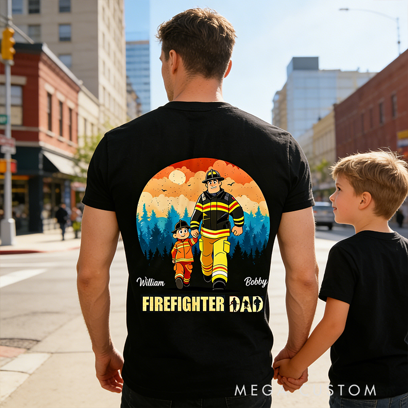 Personalized Family Gifts Custom Name Firefighter Dad Shirt Cartoon Father and Son Matching Tee Classic Fireman Theme T Shirt