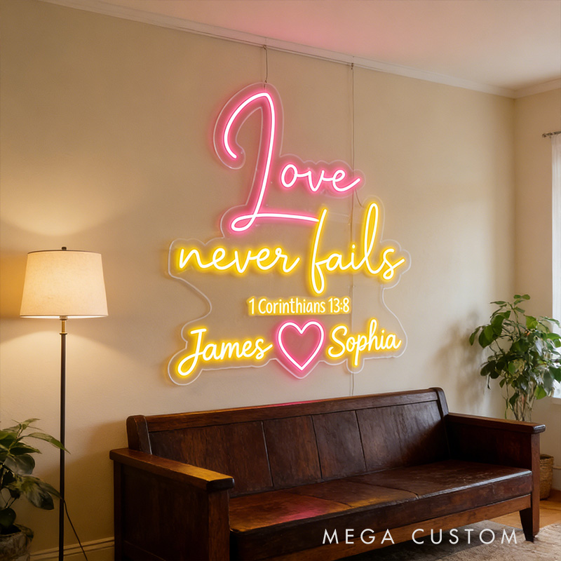 Personalized Love Never Fails Neon Sign with Custom Names Bible Verse Neon Sign Wedding Anniversary Gift Valentine's Day Decor Religious Gift for Couple