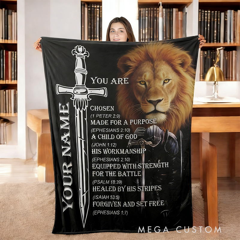 Personalized Lion of Judah You are Bible Verse Throw Blanket with Custom Name Cross Lion Home Decor Religious Gift Christian Gift for Men 