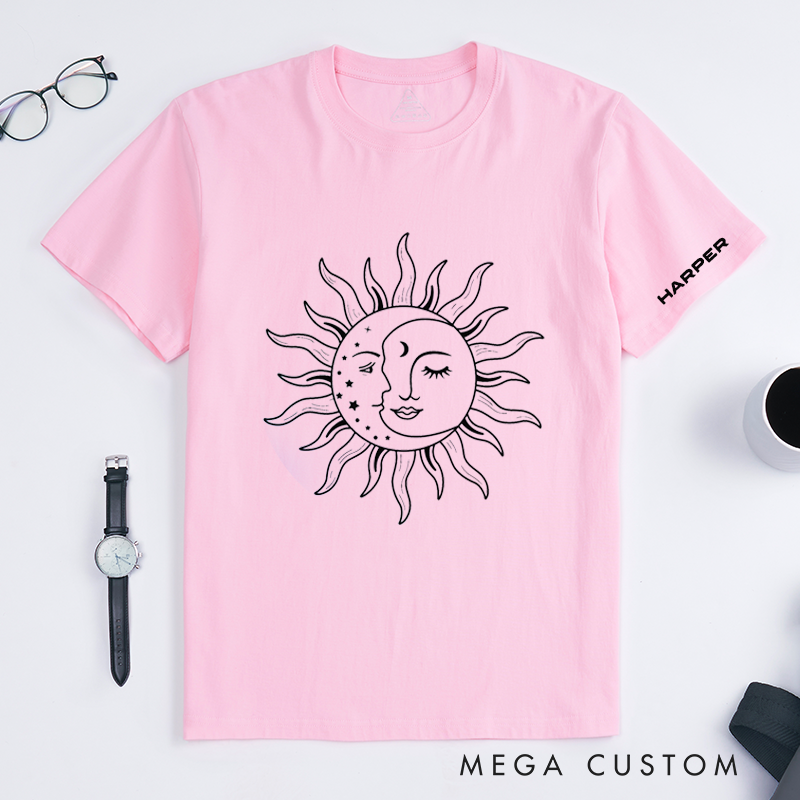 Personalized Sun and Moon Face T-Shirt Unisex Custom Name Classic Tee Astrology Lover Gift Unique Birthday Present for Men Women Friends Family