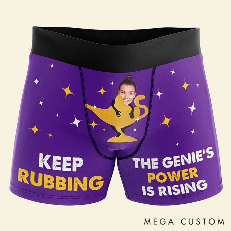 Personalized Girlfriend Wife Face Keep Rubbing The Genie's Power is Rising Boxer Briefs Men Underwear with Woman Photo Valentines Day Gift for Him