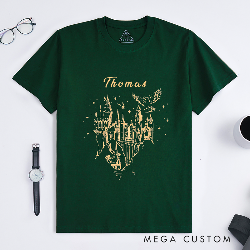 Personalized Castle Owl Wizard Fantasy Classic T-Shirts Custom Name Gift for Fans Unique Starry Night Magical Customizable Top for Birthday Present
