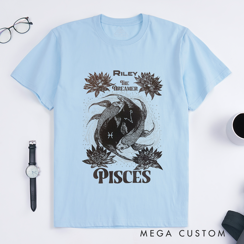 Personalized Pisces Zodiac T-Shirt Classic Astrology The Dreamer Gift Custom Name T-Shirt Unique Birthday Present for Horoscope Lover Men Women