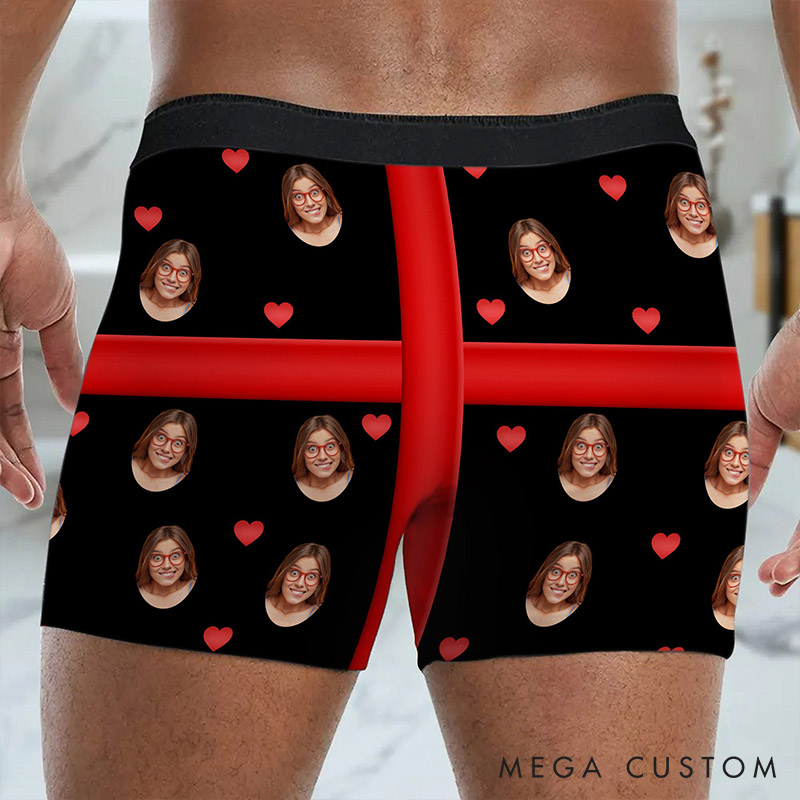 Personalized Girlfriend Wife Face Boxer Brief Red Bow Huge Gift For Her Men Underwear with Woman Face Photo Valentines Day Gift for Boyfriend Husband