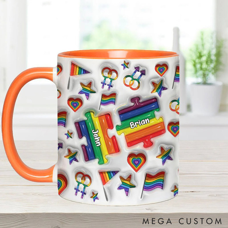 Personalized Rainbow Love is Love Mug Puzzle LGBT Couple Coffee Mug Imitation 3D Print Accent Mug Valentine's Gift for LGBT couple